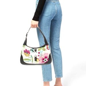 Authentic Gucci small Jackie bag black leather Flora canvas